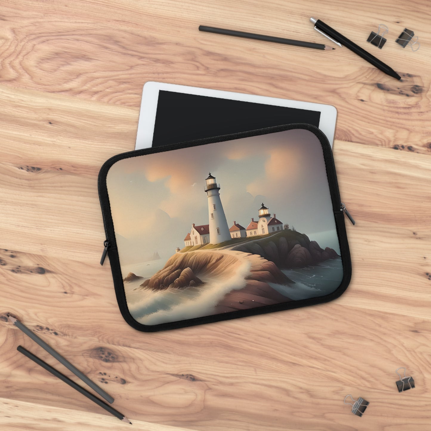 Watercolor Lighthouse Scene Laptop Sleeve
