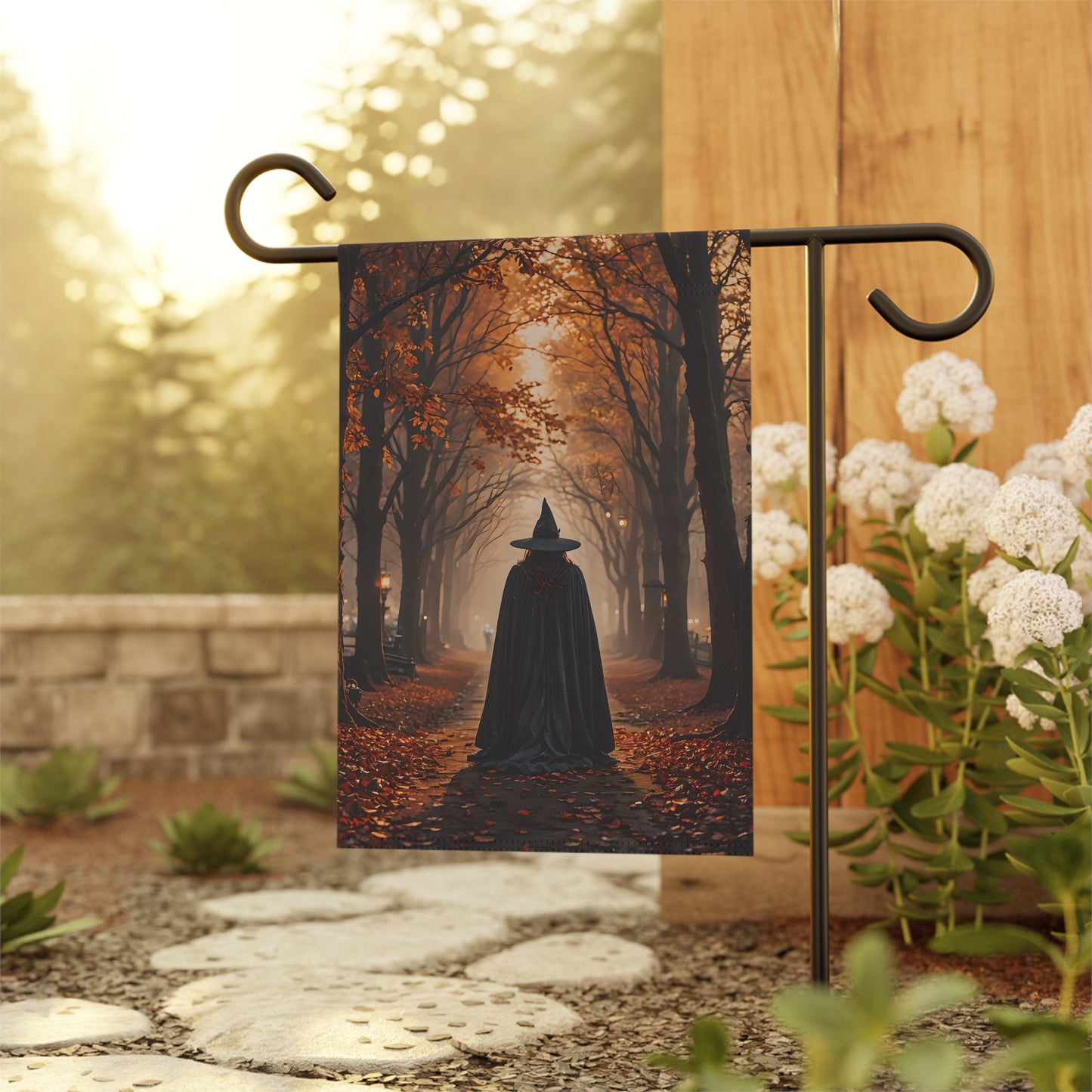 Witch in Autumn Path Garden Flag