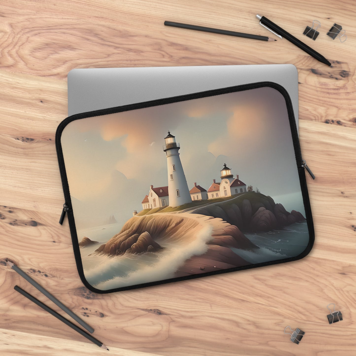 Watercolor Lighthouse Scene Laptop Sleeve