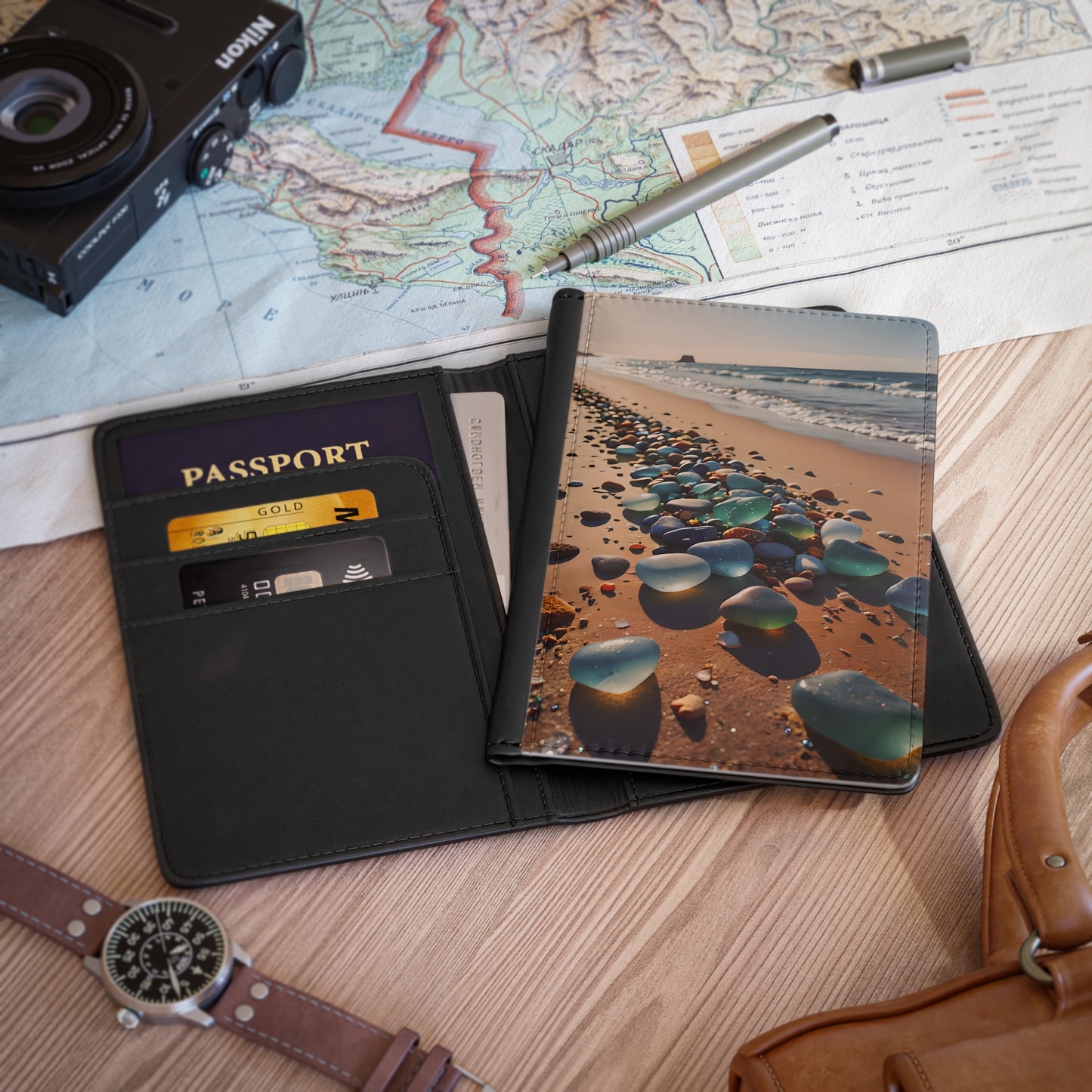 Blue and Turquoise Sea Glass on the Beach Passport Cover
