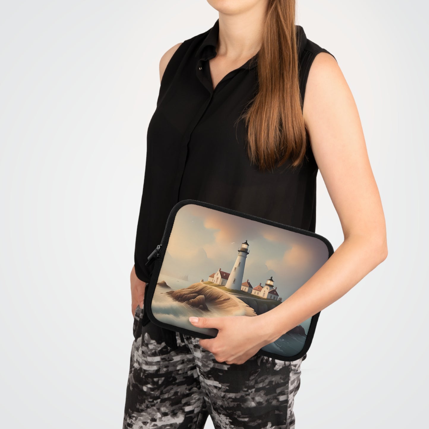 Watercolor Lighthouse Scene Laptop Sleeve