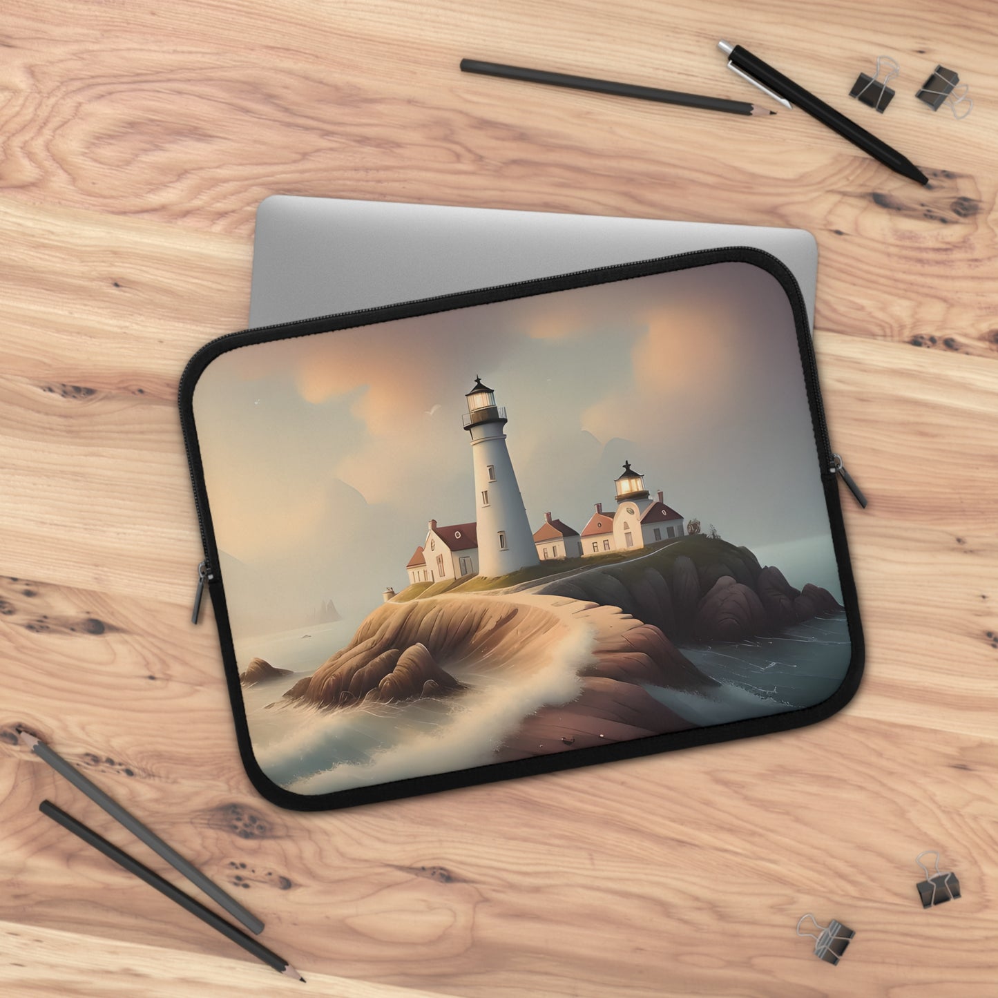 Watercolor Lighthouse Scene Laptop Sleeve