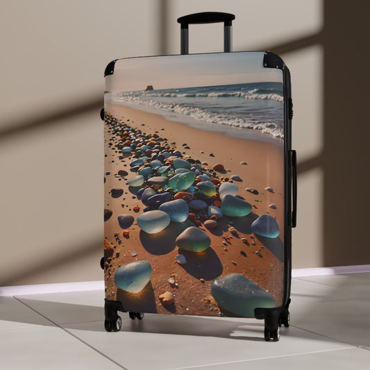 Blue and Turquoise Sea Glass on the Beach Travel Suitcase