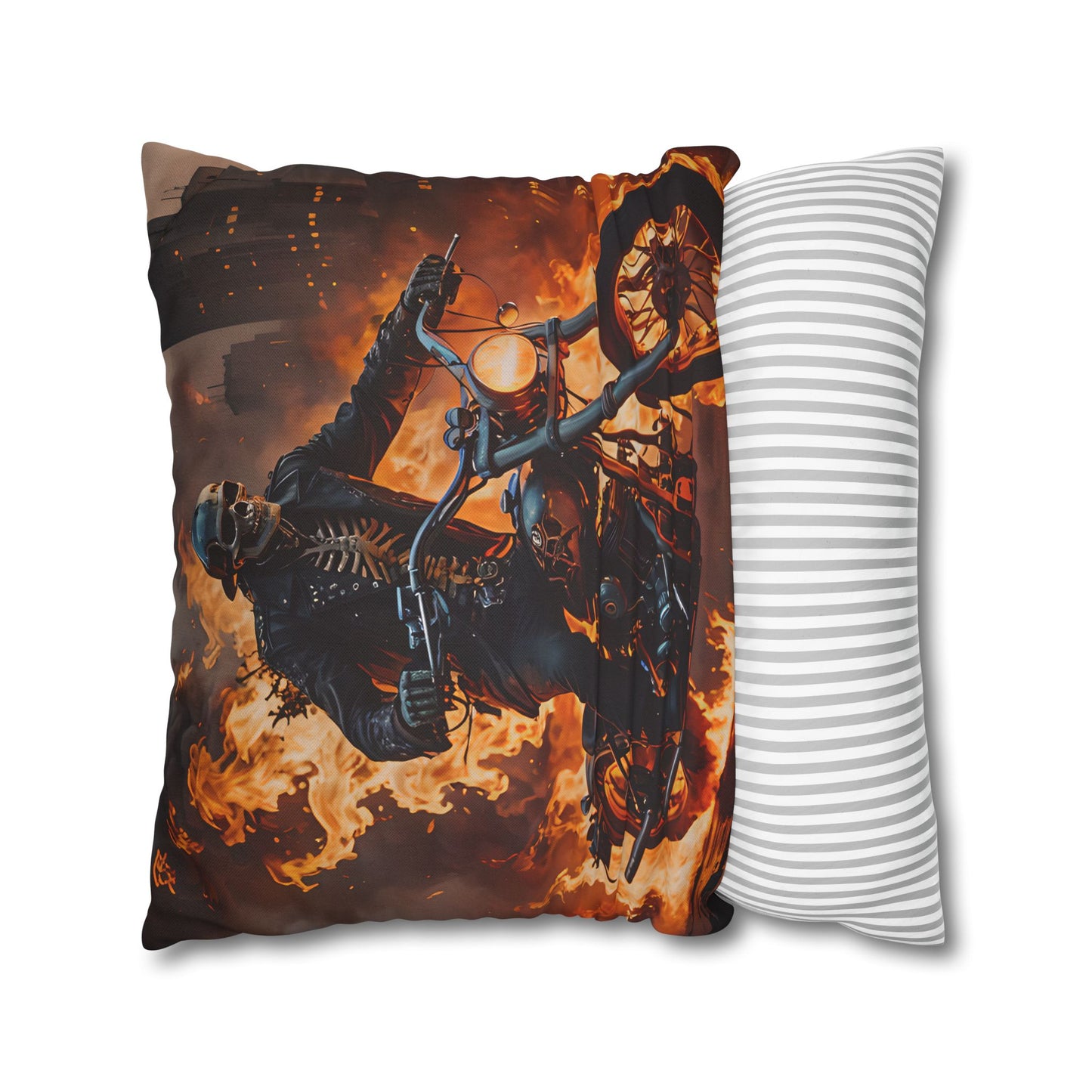 Flaming Skeleton Biker Pillow Cover