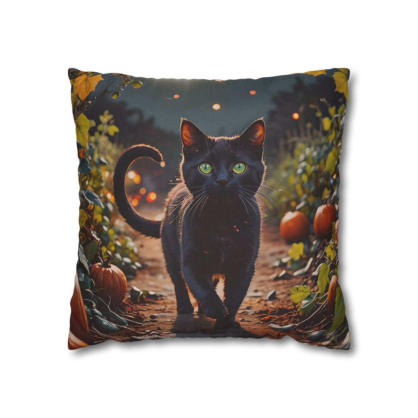 Black Cat in Pumpkin Patch Pillow Cover