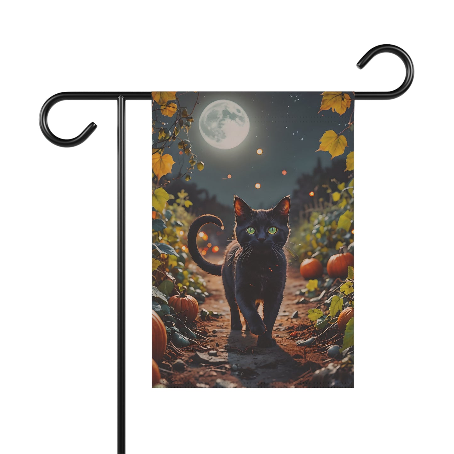 Black Cat in Pumpkin Patch Garden Flag