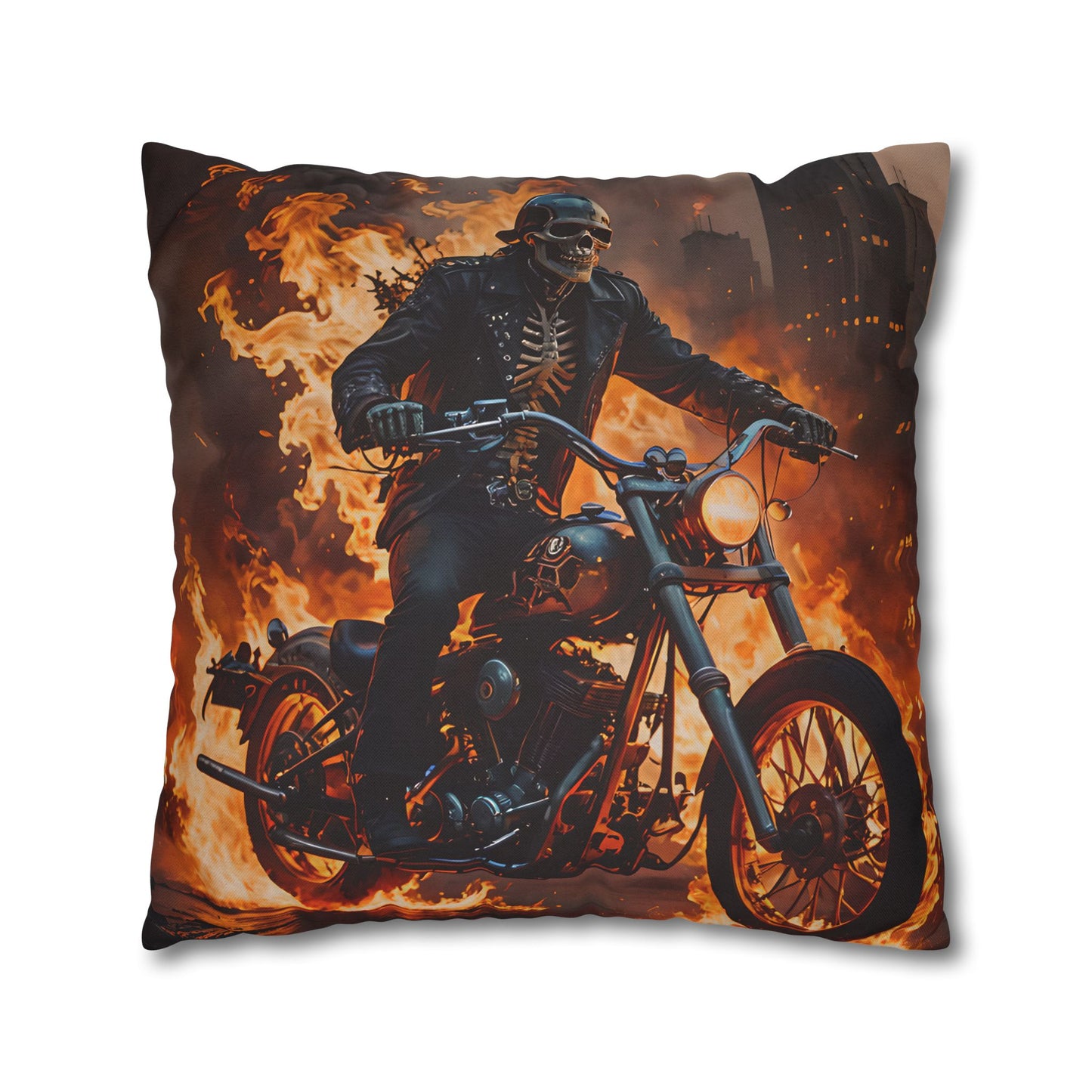 Flaming Skeleton Biker Pillow Cover