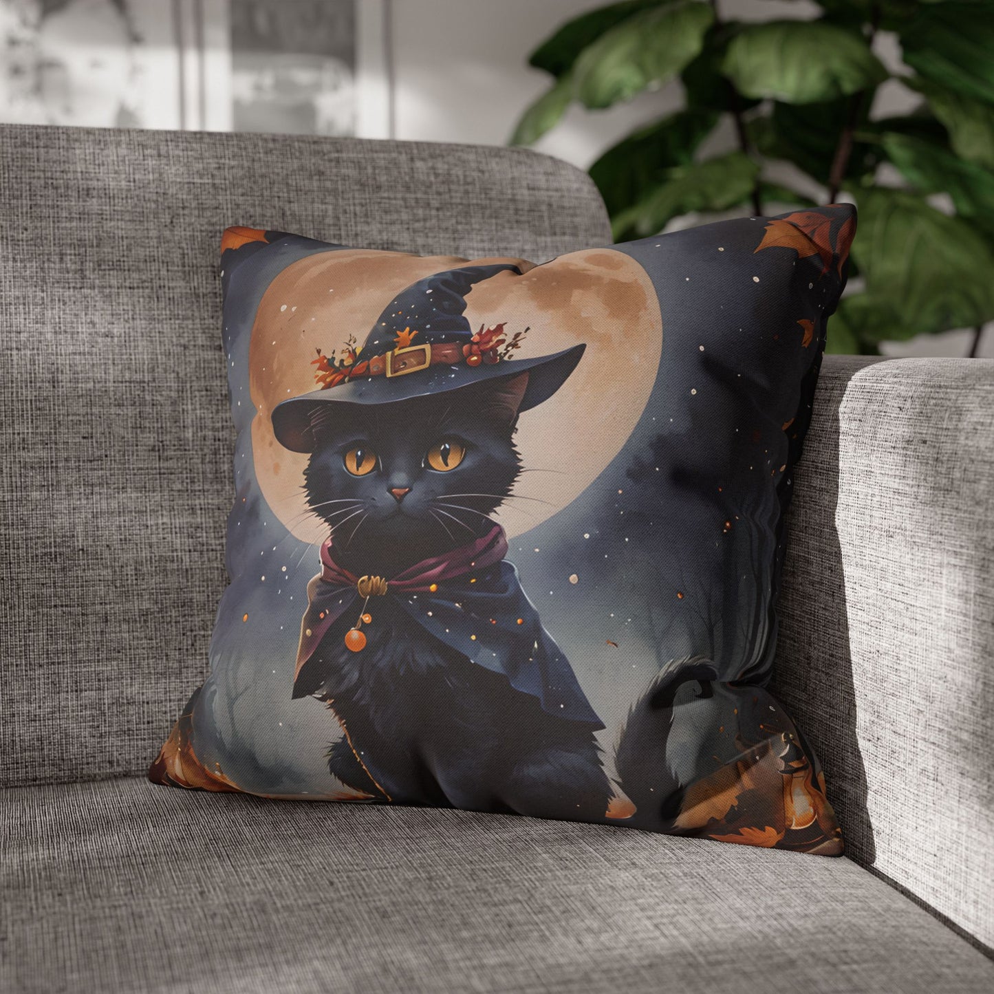 Black Cat in Witch Hat Pillow Cover