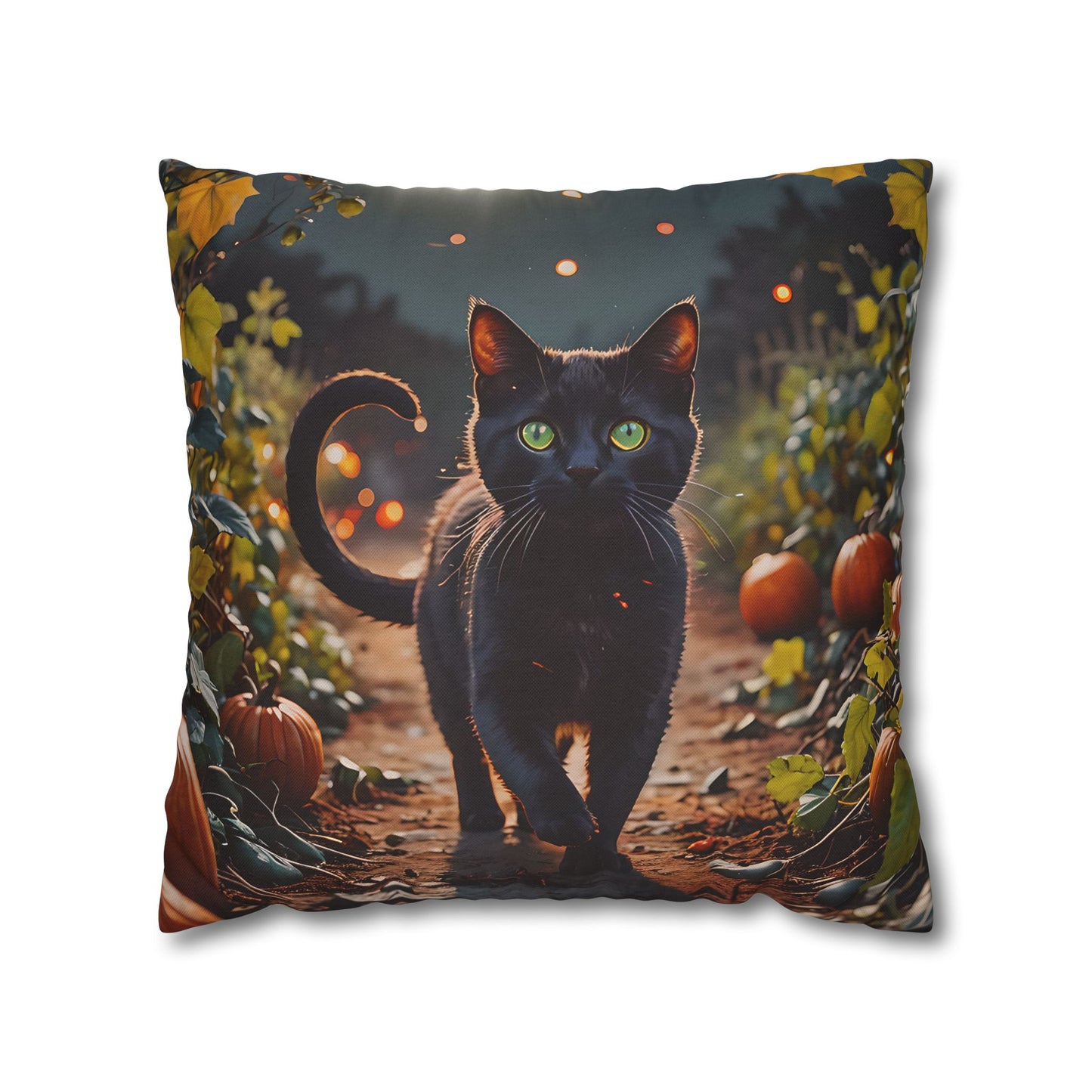 Black Cat in Pumpkin Patch Pillow Cover