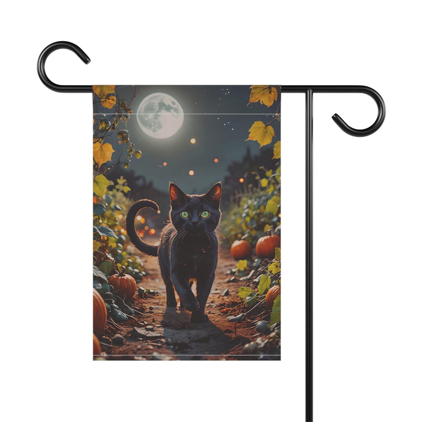 Black Cat in Pumpkin Patch Garden Flag