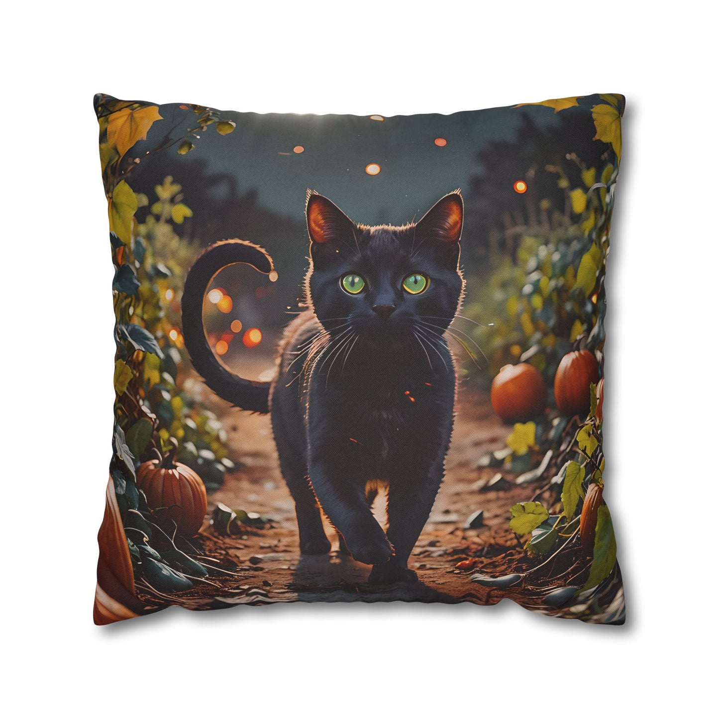 Black Cat in Pumpkin Patch Pillow Cover