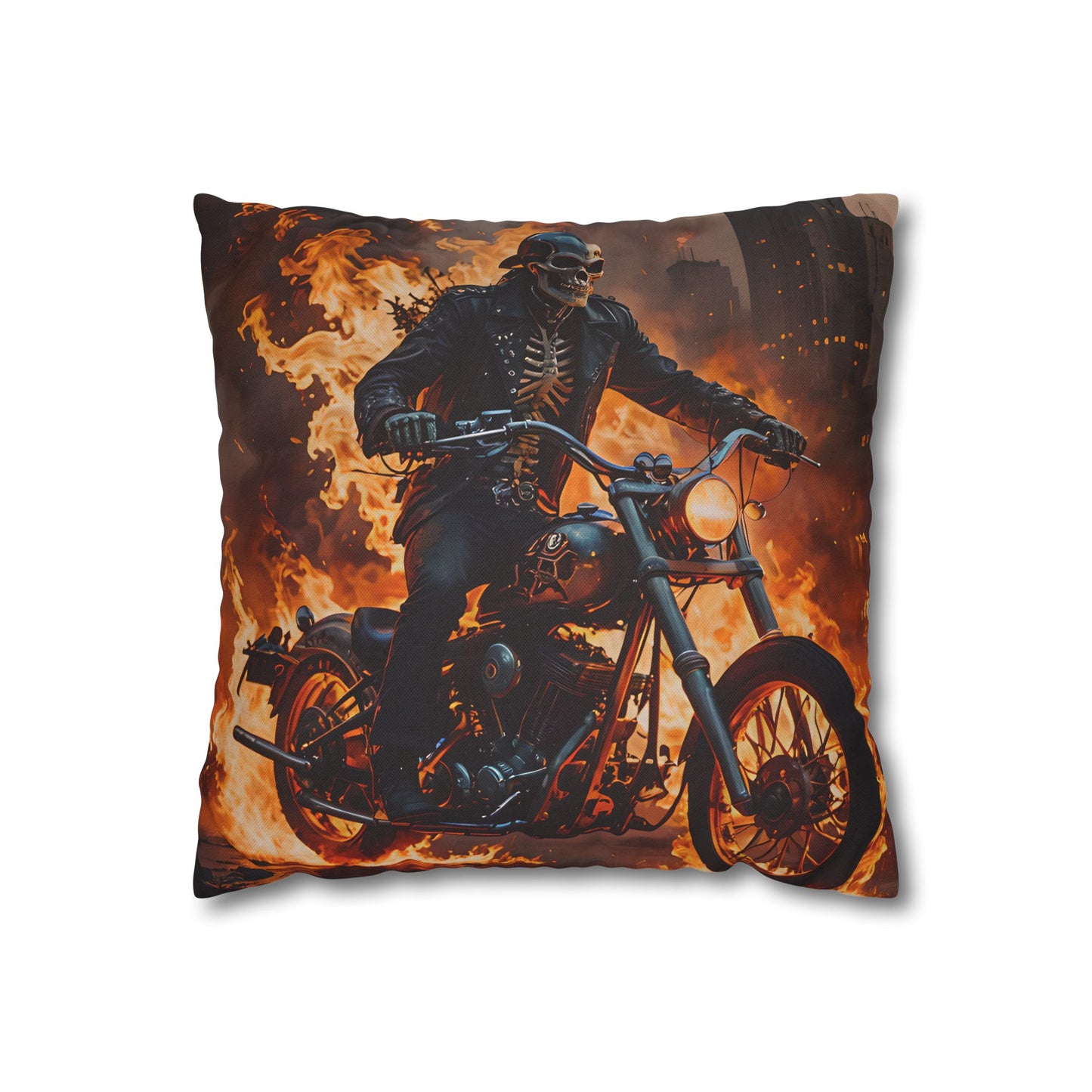 Flaming Skeleton Biker Pillow Cover