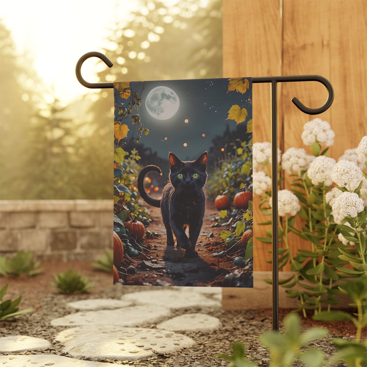 Black Cat in Pumpkin Patch Garden Flag