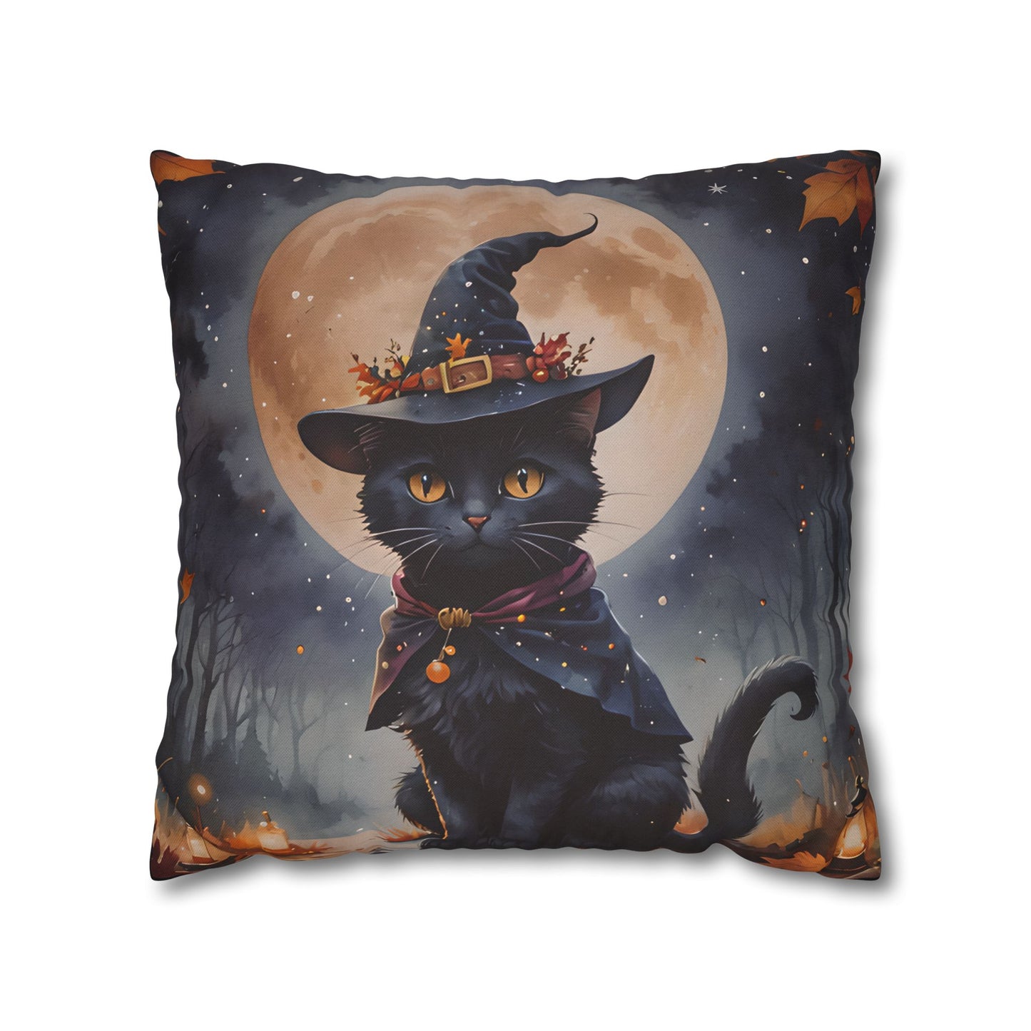 Black Cat in Witch Hat Pillow Cover