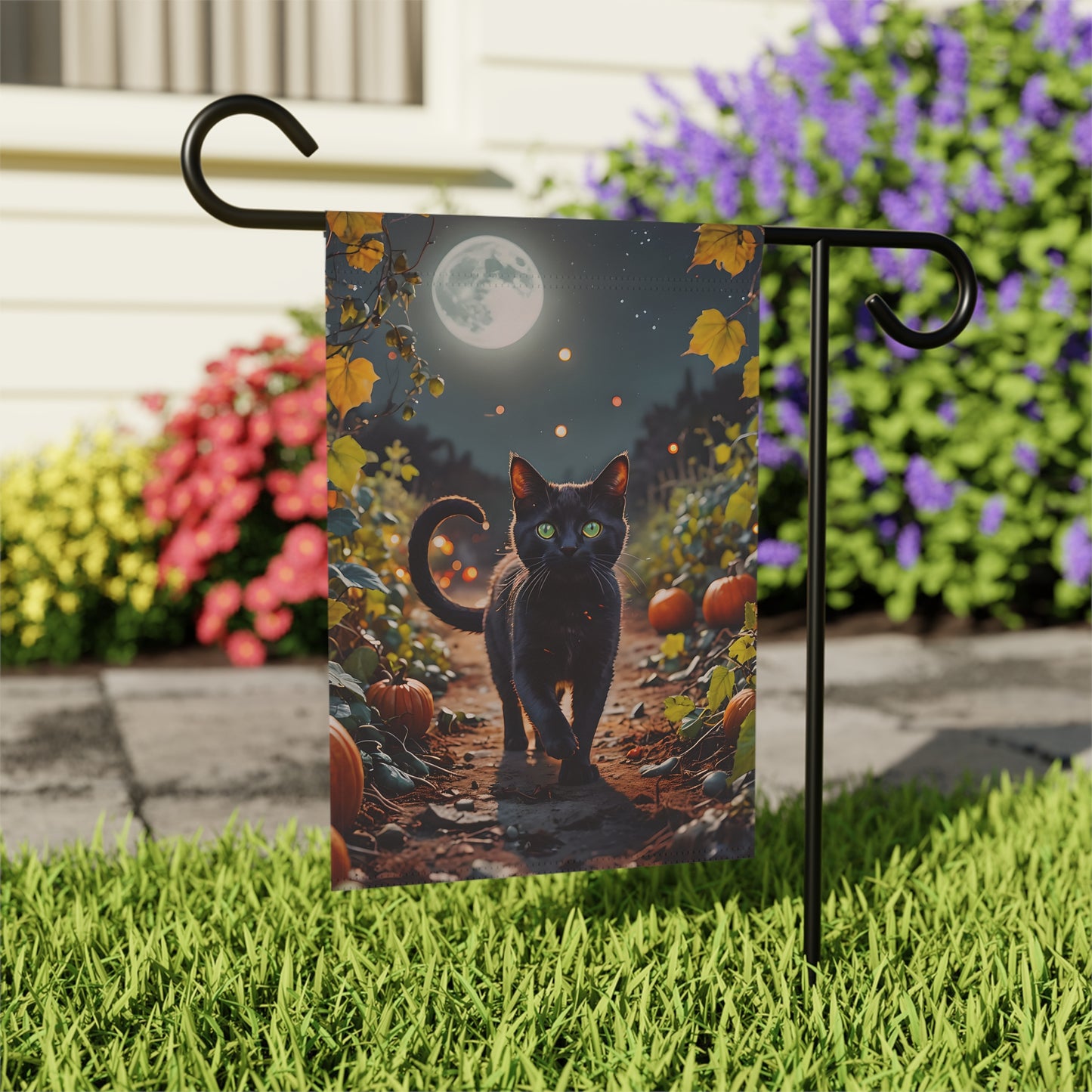 Black Cat in Pumpkin Patch Garden Flag