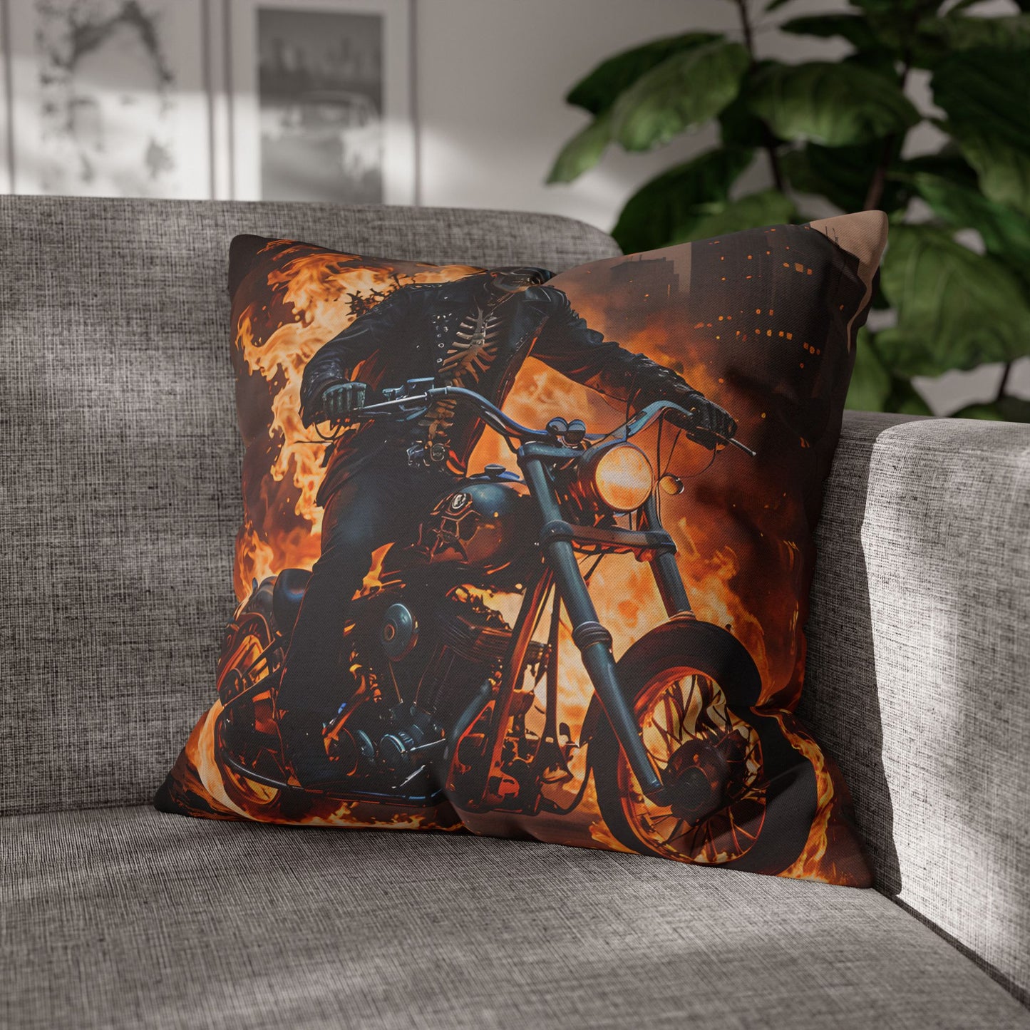 Flaming Skeleton Biker Pillow Cover