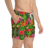 Vibrant Hibiscus & Plumeria Swim Trunks