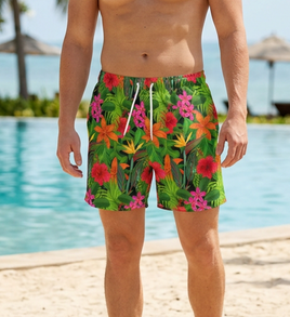 Vibrant Hibiscus & Plumeria Swim Trunks