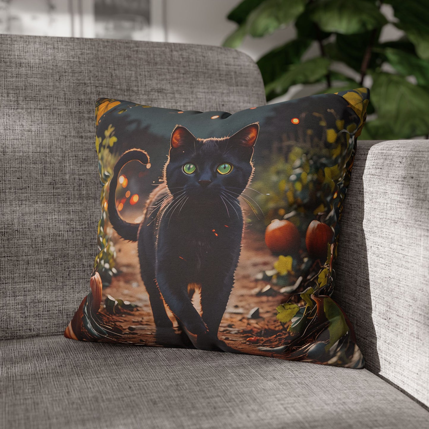 Black Cat in Pumpkin Patch Pillow Cover