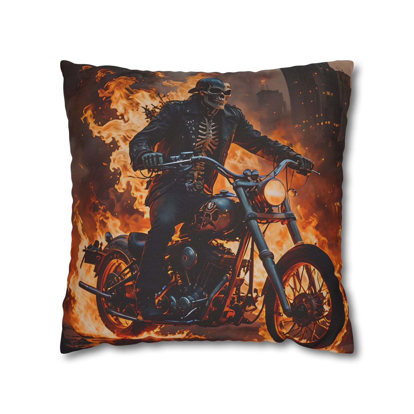 Flaming Skeleton Biker Pillow Cover