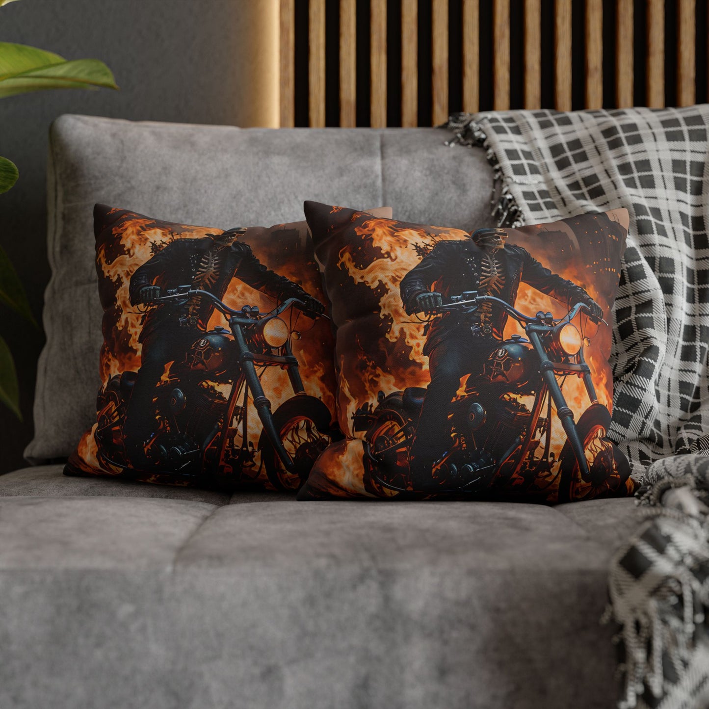 Flaming Skeleton Biker Pillow Cover
