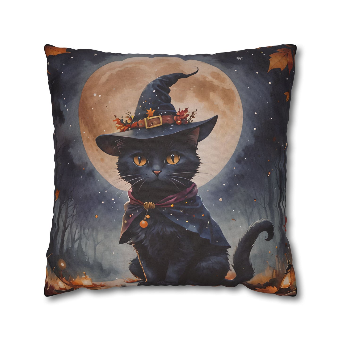 Black Cat in Witch Hat Pillow Cover