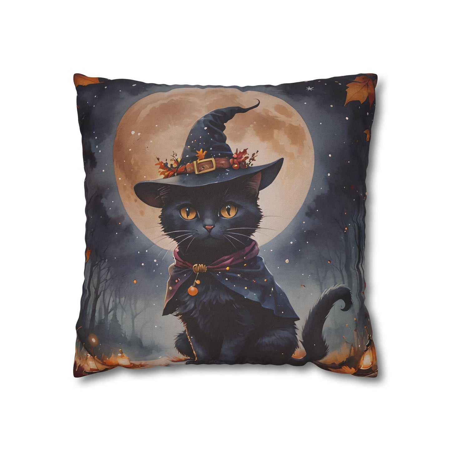 Black Cat in Witch Hat Pillow Cover