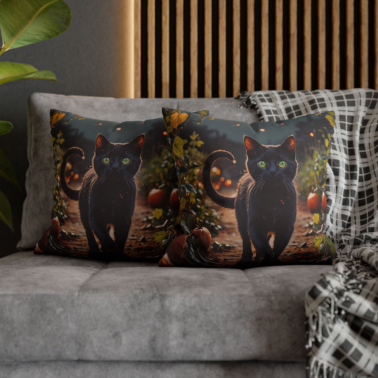 Black Cat in Pumpkin Patch Pillow Cover
