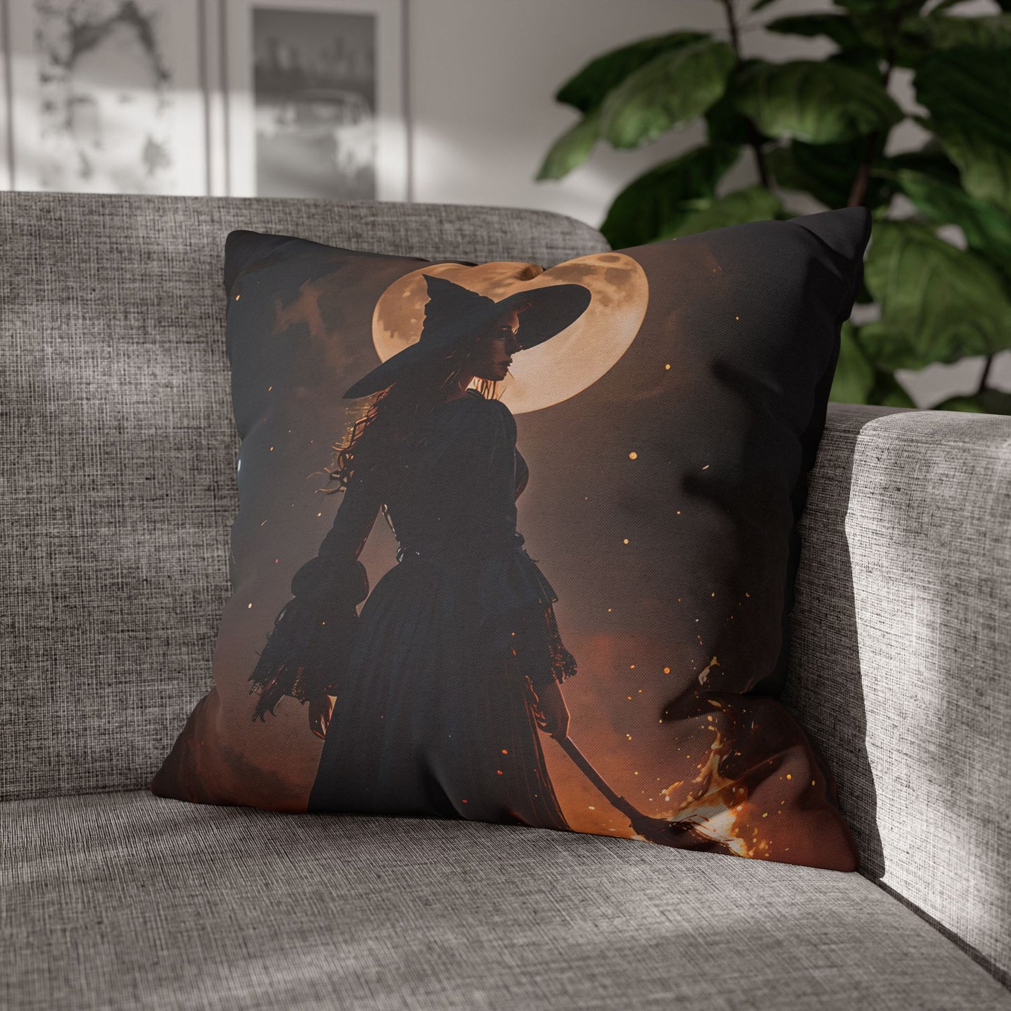 Witch Silhouette Moon Pillow Cover
