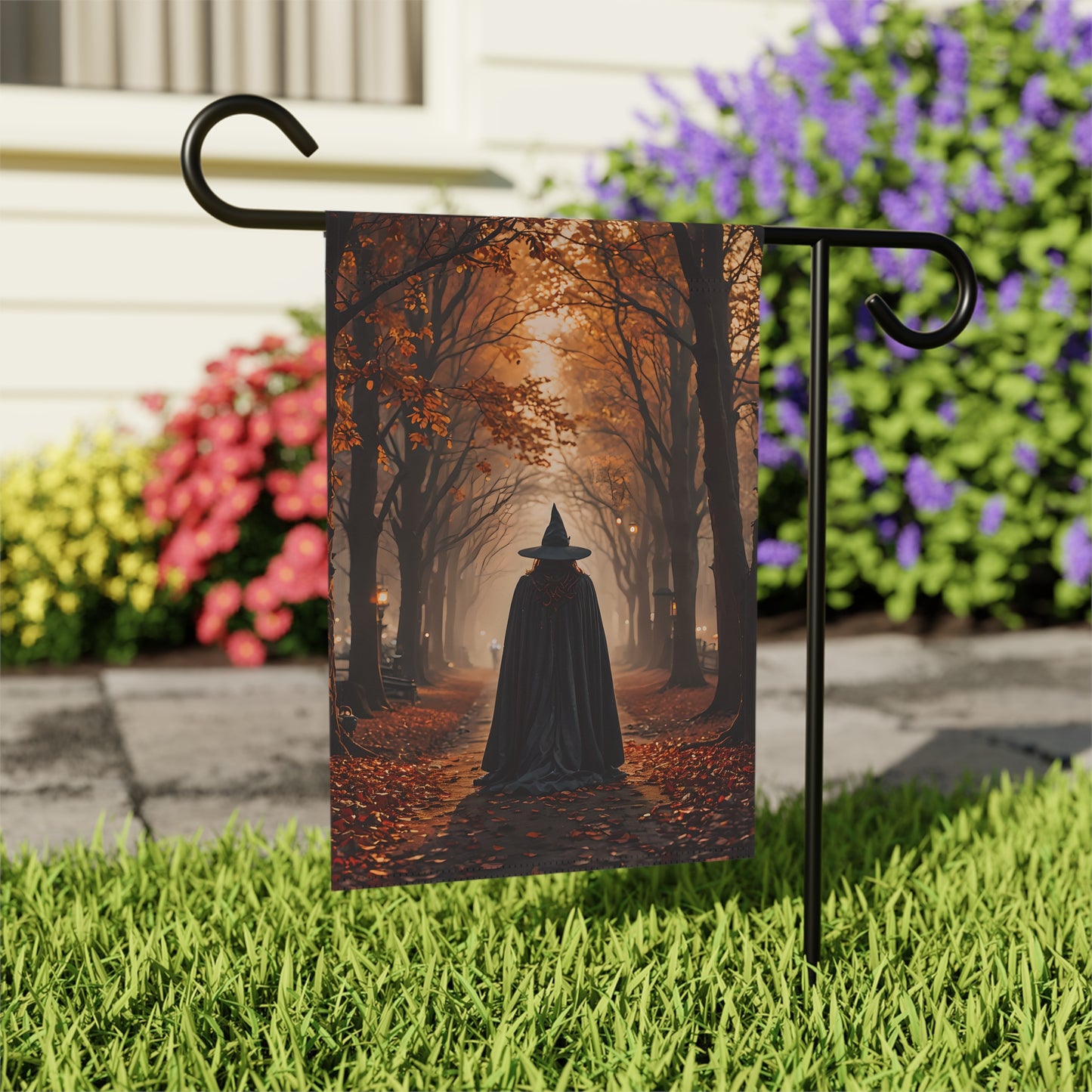 Witch in Autumn Path Garden Flag