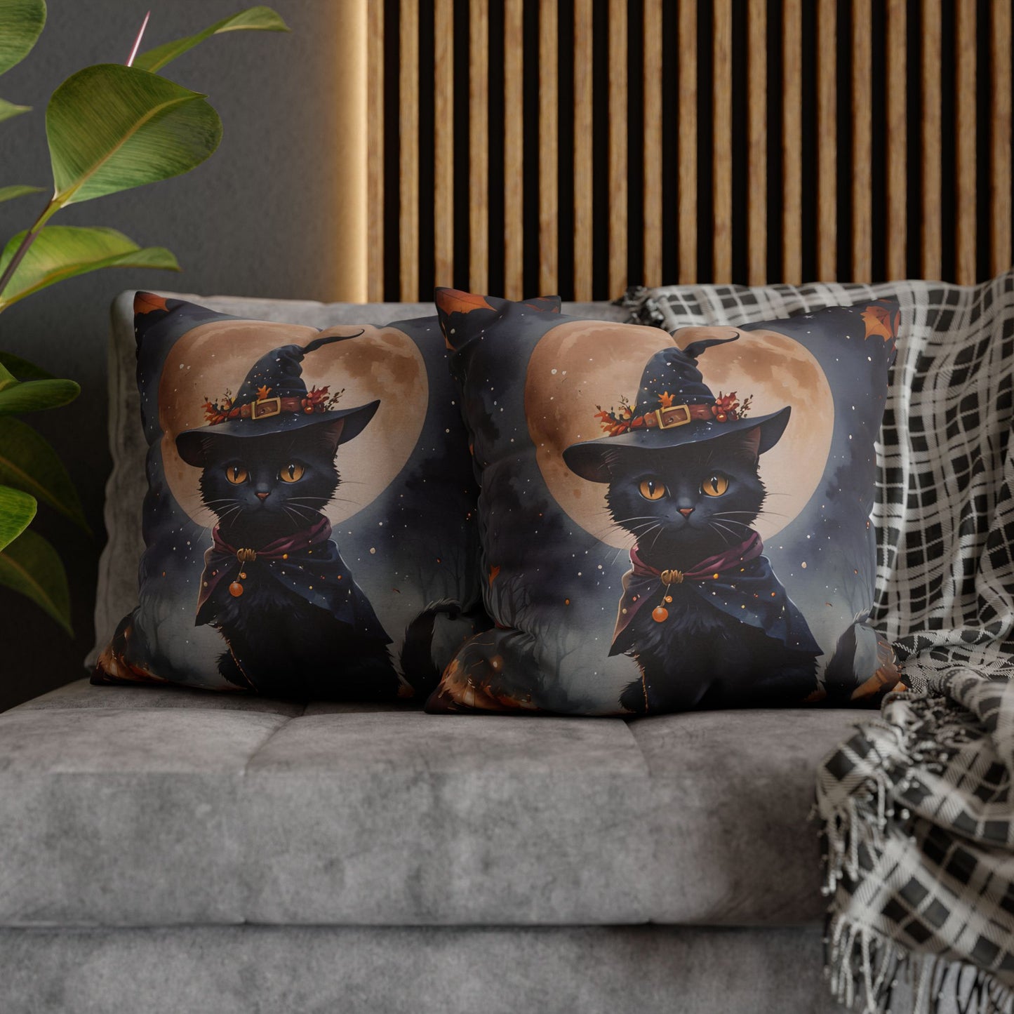 Black Cat in Witch Hat Pillow Cover