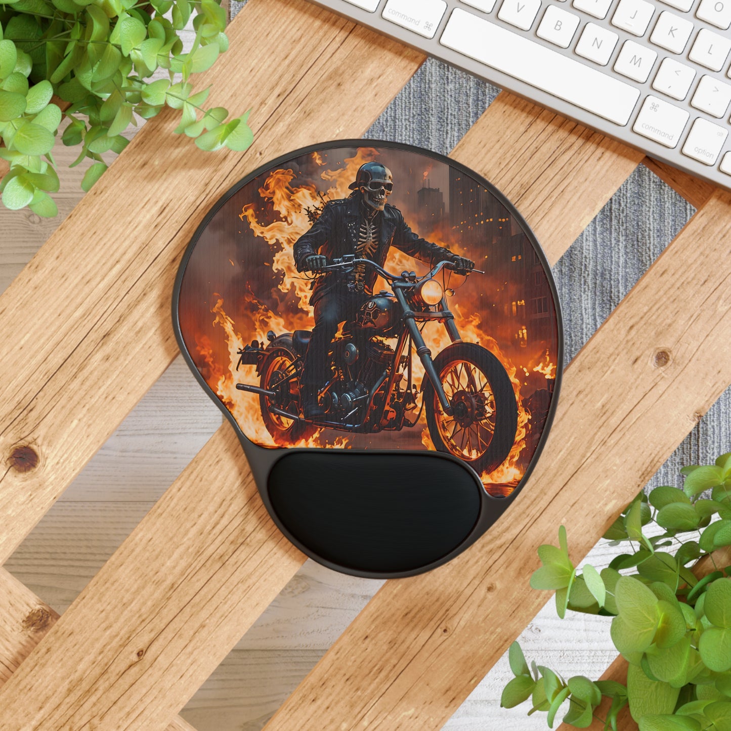 Flaming Skeleton Biker Mouse Pad with Wrist Rest