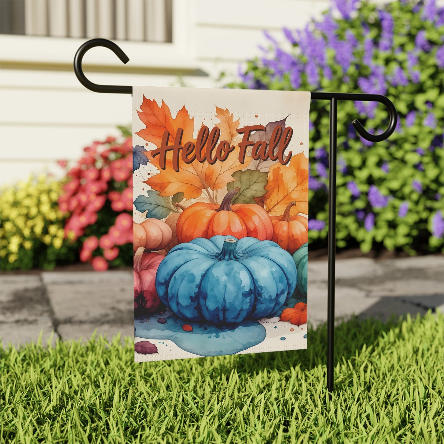 Hello Fall Watercolor Pumpkin Garden Flag