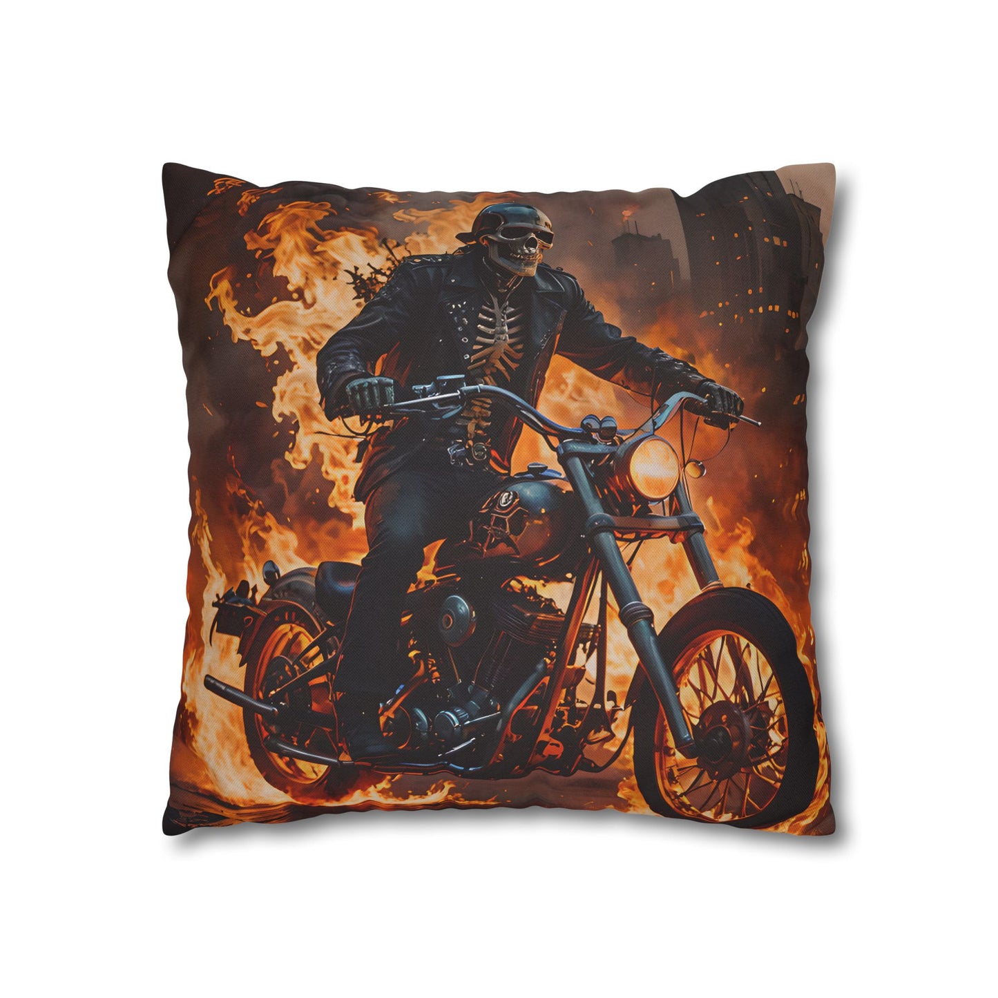 Flaming Skeleton Biker Pillow Cover