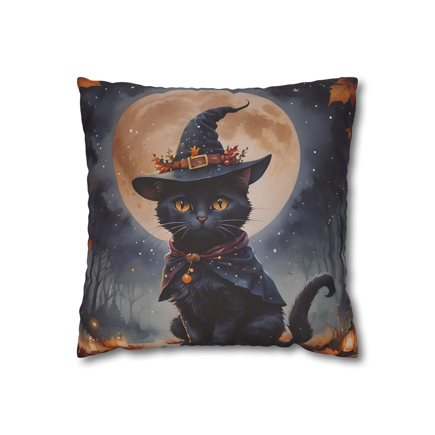 Black Cat in Witch Hat Pillow Cover