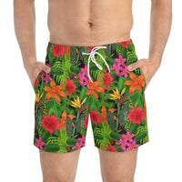 Vibrant Hibiscus & Plumeria Swim Trunks