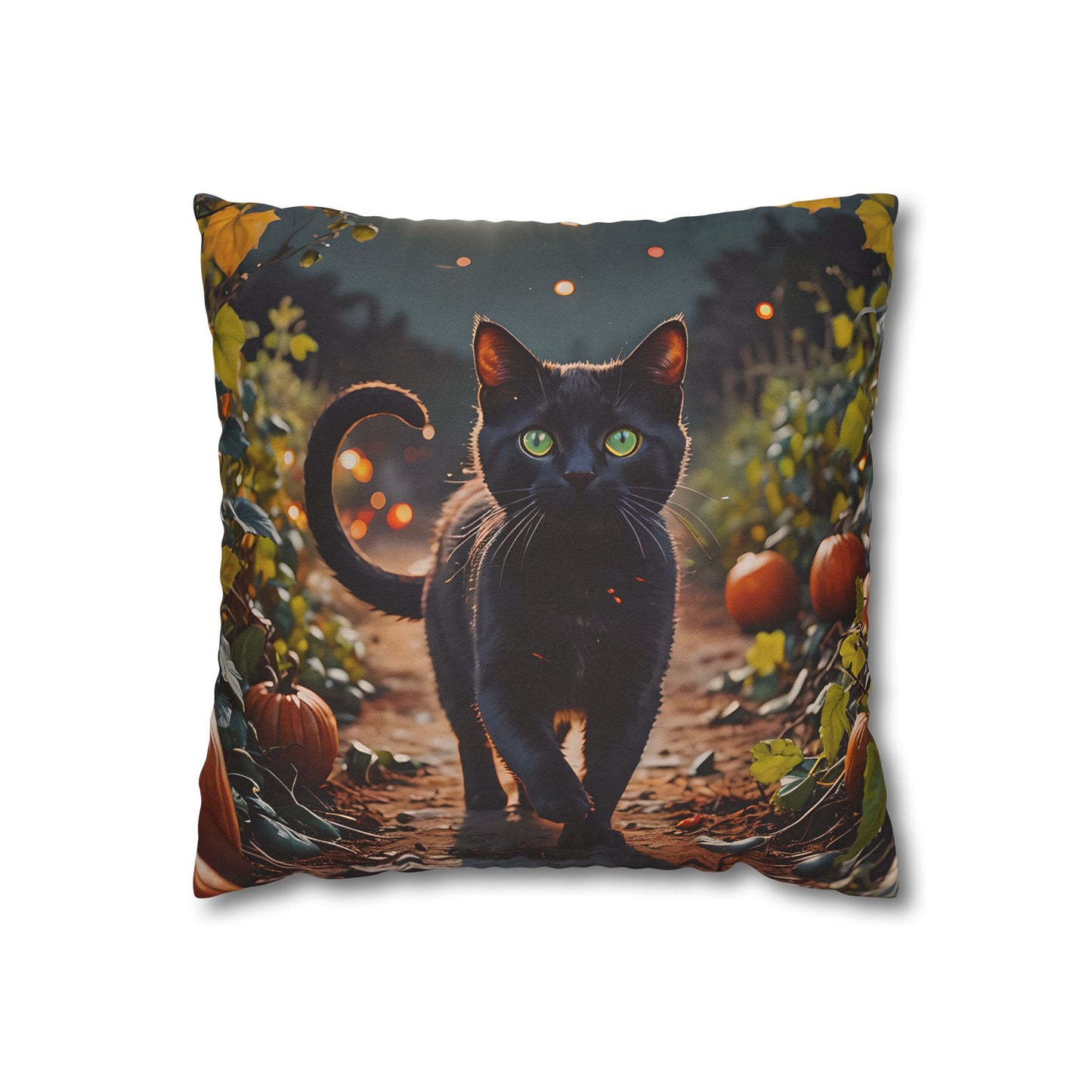 Black Cat in Pumpkin Patch Pillow Cover