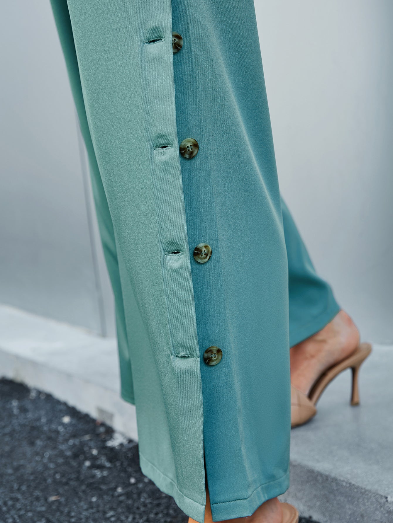 Side Button Wide Leg Pants with Pockets